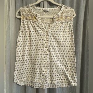 Lucky Brand White and Yellow Printed V-Neck Sleeveless Lace Trim Blouse size SP